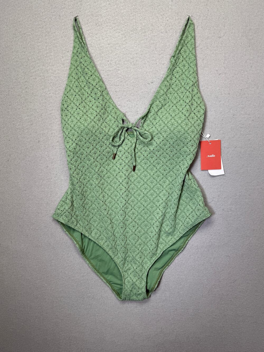 Andie Women's Sicily Tie-Neck Pointelle Swimsuit Eucalyptus Large $134